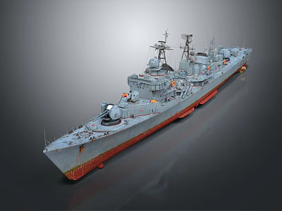 Large Gray Naval Warship With Red Bottom And Military Equipment On Deck 3d model