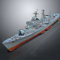 Large Gray Naval Warship With Red Bottom And Military Equipment On Deck