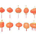 Traditional Red Lanterns with Various Decorative Patterns and Hanging Tassels Designs 3d model