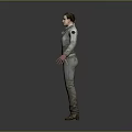 Game Movie Female Character in Gray Utility Jumpsuit with Red Hands Standing Pose