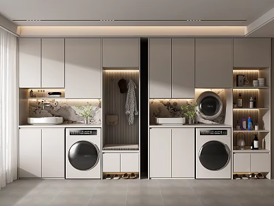 Modern Bathroom Cabinetry With Washing Machines Wall Cabinets Sink Clothing Hanging Space And Green Plants 3d model