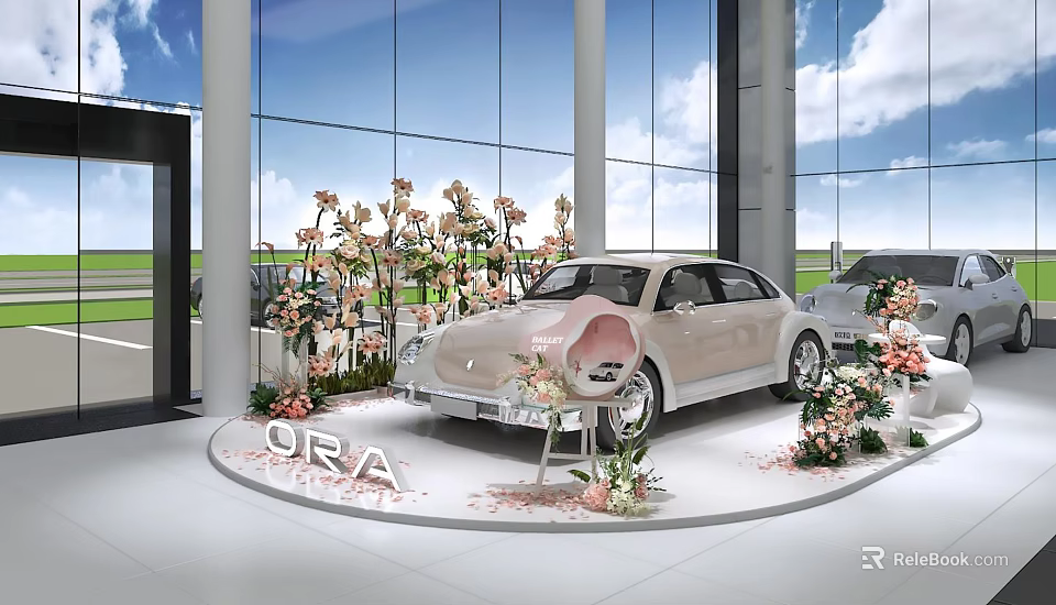 ORA Photo Spot With White Car And Floral Decorations In Showroom With Large Windows 3d model 