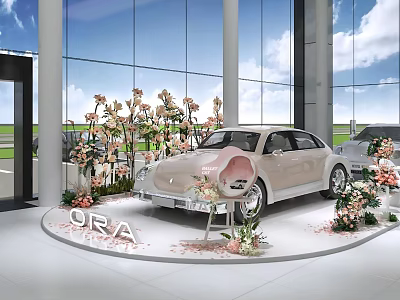 ORA Photo Spot With White Car And Floral Decorations In Showroom With Large Windows 3d model