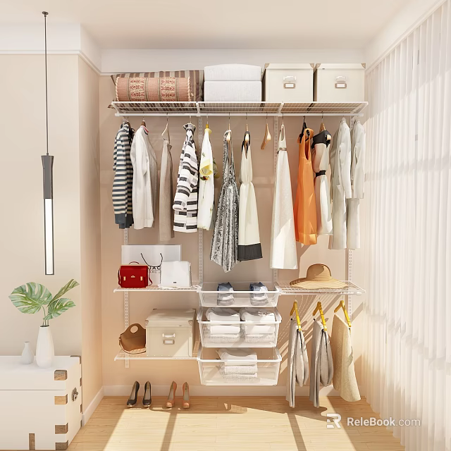 Modern Open Closet Interior With Hanging Clothes Storage Bins Shelves And Hats 3d model 