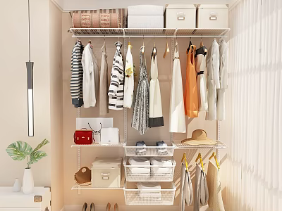 Modern Open Closet Interior With Hanging Clothes Storage Bins Shelves And Hats 3d model