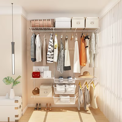 Modern Open Closet Interior With Hanging Clothes Storage Bins Shelves And Hats 3d model
