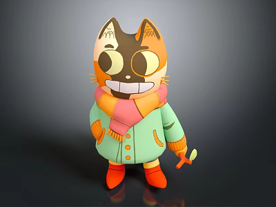 Cartoon Cat Shaped Game Movie Character With Big Eyes Scarf Green Coat and Orange Boots 3d model