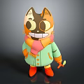 Cartoon Cat Shaped Game Movie Character With Big Eyes Scarf Green Coat and Orange Boots