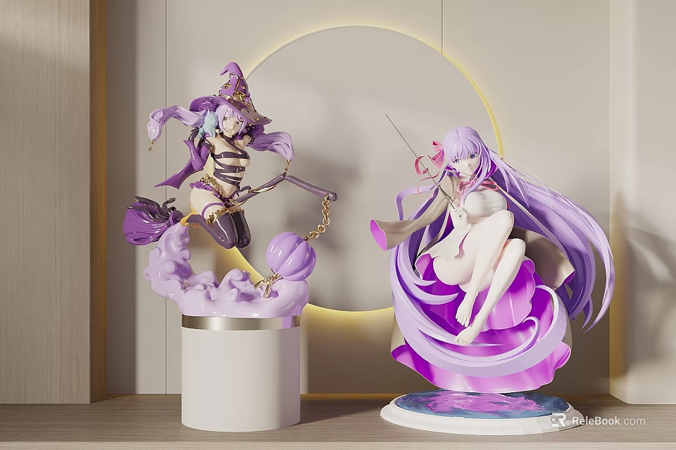 Two Anime Figurines With Purple Hair In Wizard And White Costumes On Display Stands 3d model 