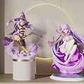 Two Anime Figurines With Purple Hair In Wizard And White Costumes On Display Stands