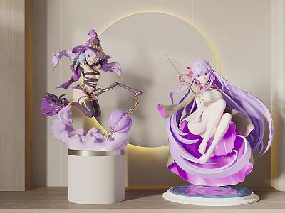 Two Anime Figurines With Purple Hair In Wizard And White Costumes On Display Stands 3d model