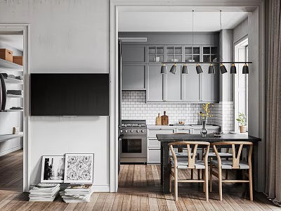 Modern Gray Kitchen Interior With Island Dining Chairs Pendant Lights And Cabinets 3d model