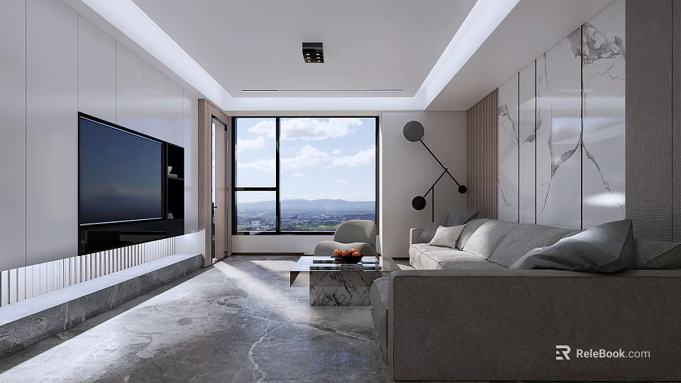 Modern Living Room With Large Window Mountain View Gray Sofa Marble Coffee Table Floor Lamp 3d model 