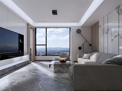 Modern Living Room With Large Window Mountain View Gray Sofa Marble Coffee Table Floor Lamp 3d model