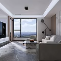 Modern Living Room With Large Window Mountain View Gray Sofa Marble Coffee Table Floor Lamp