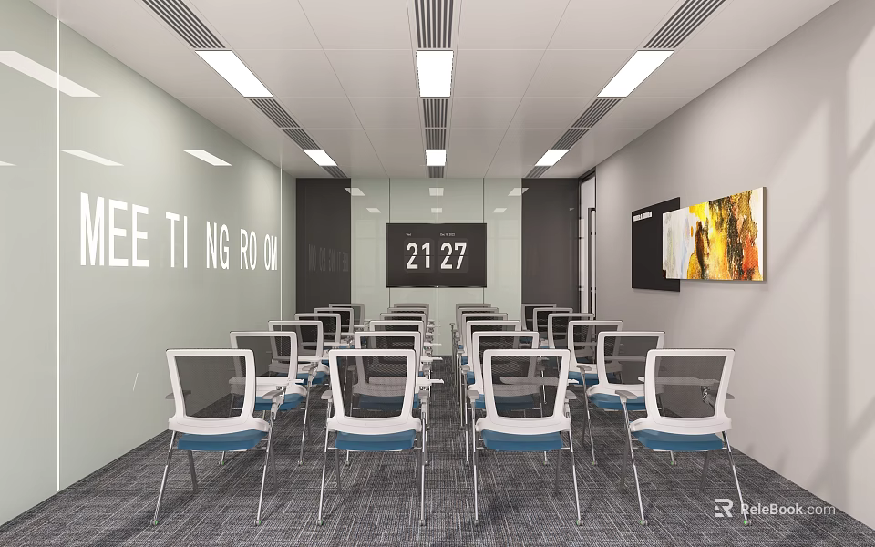 Modern Meeting Room Interior With Arranged Chairs Conference Table And Wall Art 3d model 