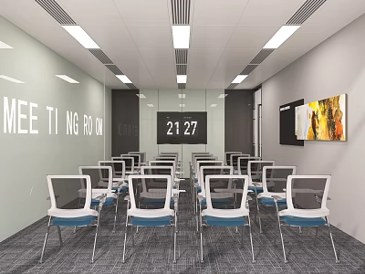 Modern Meeting Room Interior With Arranged Chairs Conference Table And Wall Art 3d model