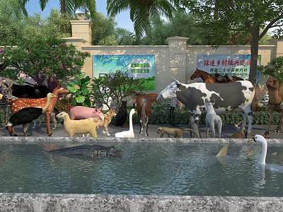 Sunny Farm Reptile Exhibition Park Featuring Crocodile in Natural Water Pool 3d model