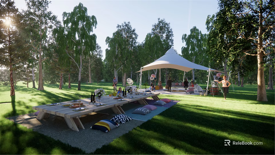 Garden Landscape With Green Lawn Tall Trees White Canopy Tent And Wooden Table Setup 3d model 