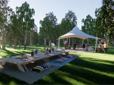 Garden Landscape With Green Lawn Tall Trees White Canopy Tent And Wooden Table Setup 3d model