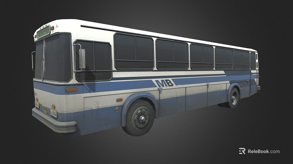 Classic Blue and White Bus with MB Logo and Multiple Windows Side View 3d model 