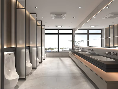 Modern Public Restroom Interior Design with Sleek Washbasins Large Windows and Tile Flooring 3d model