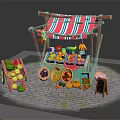 Colorful Fruit Stall With Pink White Striped Awning Wooden Frame Fresh Fruits And Stone Pavement