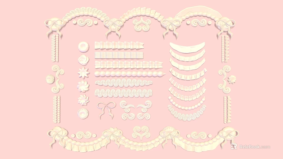 Assorted Food Decoration Elements with Circular Striped Shell and Bow Shapes for Desserts 3d model