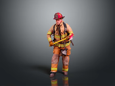 Firefighter In Red Helmet And Firefighting Uniform Holding Yellow Axe Against Gray Background 3d model