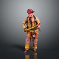 Firefighter In Red Helmet And Firefighting Uniform Holding Yellow Axe Against Gray Background
