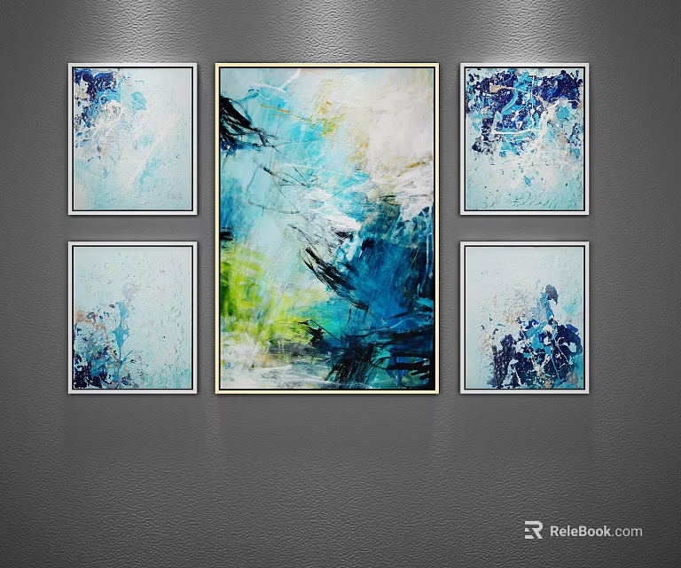 Colorful Blue Green White Abstract Paintings With Central Large Piece And Surrounding Smaller Artworks 3d model 