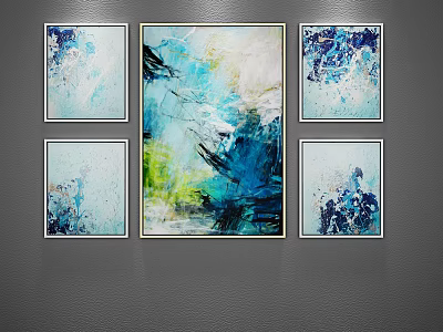 Colorful Blue Green White Abstract Paintings With Central Large Piece And Surrounding Smaller Artworks 3d model