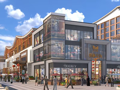 Commercial Street Featuring Modern And Traditional Architecture Shops And Pedestrians 3d model