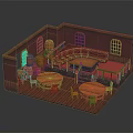 Vintage Tavern Interior With Red Walls Arched Windows Red Banquettes Round Wooden Tables And Barrels