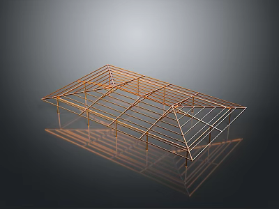 Golden Metal Frame Structure With Geometric Design Architectural Model On Dark Background And Reflection 3d model