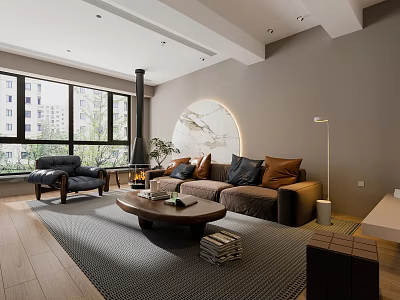 Cozy Modern Living Room With Leather Sofa Freestanding Fireplace And Large Panoramic Window Home Design 3d model