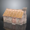 Traditional Stone Cottage With Moss Covered Thatch Roof Wooden Door And Stone Chimney