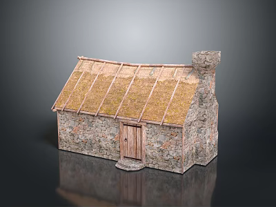 Traditional Stone Cottage With Moss Covered Thatch Roof Wooden Door And Stone Chimney 3d model