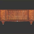 Red Carved Wooden Cabinet With Intricate Patterns And Legs On Reflective Surface