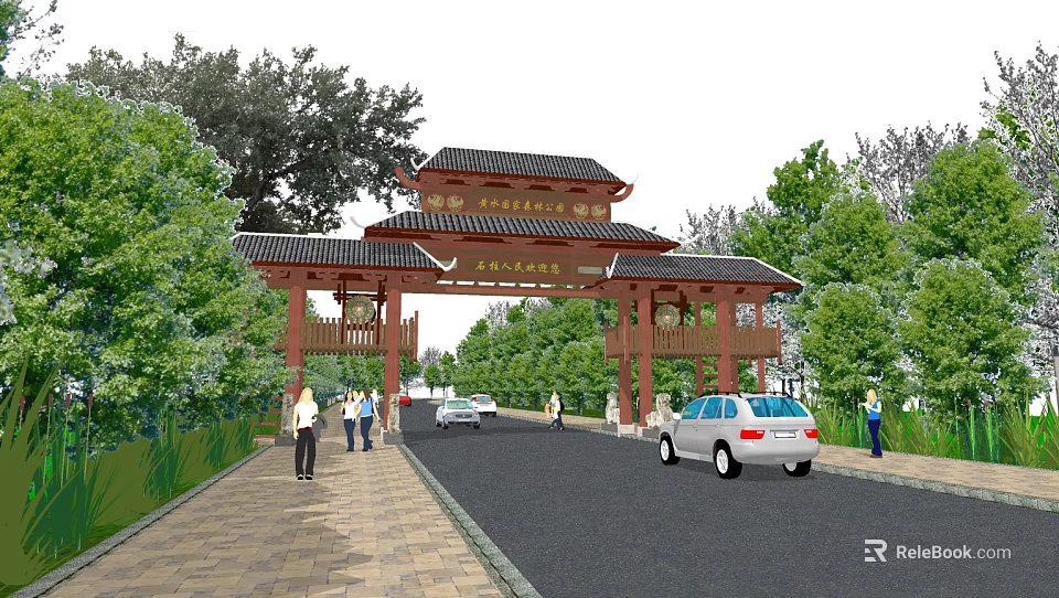 Traditional Chinese Architectural Style Entrance Gate With Pedestrians And Vehicles Surrounded by Trees 3d model 