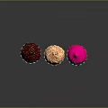Three Colorful Cupcakes With Chocolate Beige Pink Frosting And Sprinkles On Shiny Surface