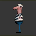 Cartoon Man Wearing White Hat And Blue White Striped Shirt With Arms Outstretched Gray Background