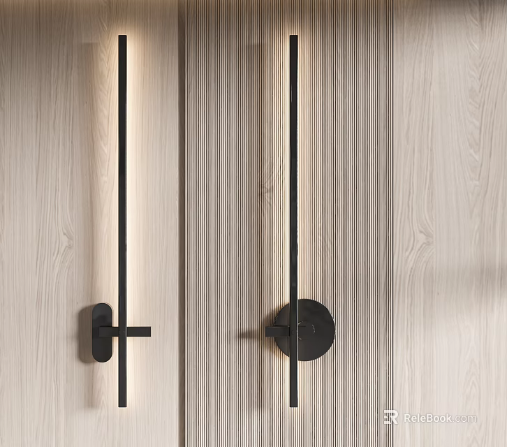 Modern Linear Wall Lamp In Black Metal On Wooden Striped Wall Panel 3d model 