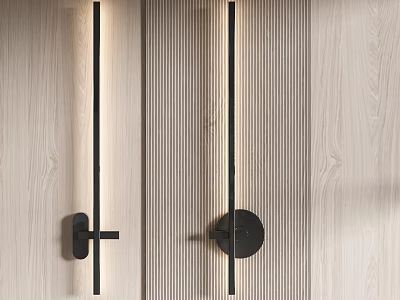 Modern Linear Wall Lamp In Black Metal On Wooden Striped Wall Panel 3d model