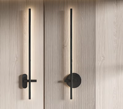 Modern Linear Wall Lamp In Black Metal On Wooden Striped Wall Panel 3d model