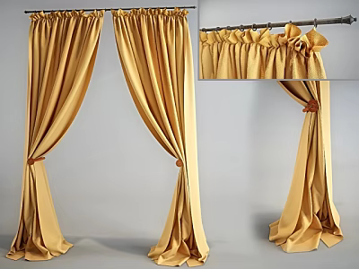 Elegant Golden Silk Curtains With Pleated Design And Decorative Tiebacks 3d model