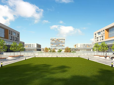 Modern School Buildings With Green Lawn Trees Blue Sky And White Clouds 3d model