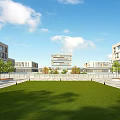 Modern School Buildings With Green Lawn Trees Blue Sky And White Clouds