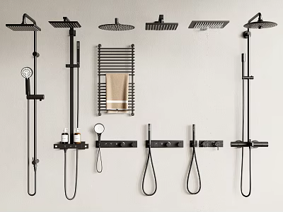 Black Wall Mounted Shower Heads With Handheld Sprayers Towel Rack And Storage Shelves 3d model
