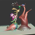 Cartoon Scene with Playful Rabbit and Giraffe by Tree with Balloon and Green Grass